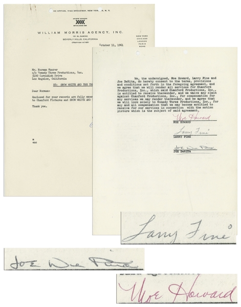 ''Snow White and the Three Stooges'' 1960 Contract Signed by Moe Howard, Larry Fine & Joe DeRita -- 22pp. Contract & Letters Regarding Film Include Compensation, Etc. -- 8.5'' x 11'', Near Fine